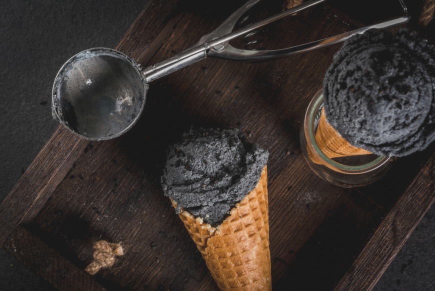 Black ice cream with edible gold in Dubai Charcoal ice cream with edible gold in Dubai